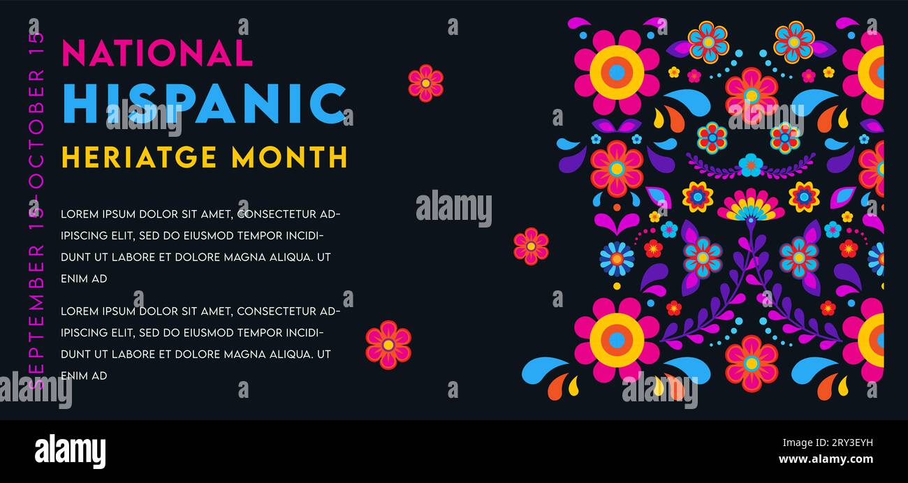 Hispanic heritage month. Vector web banner, poster, card for social media, networks. Greeting with national Hispanic heritage month text, flowers on Stock Vector