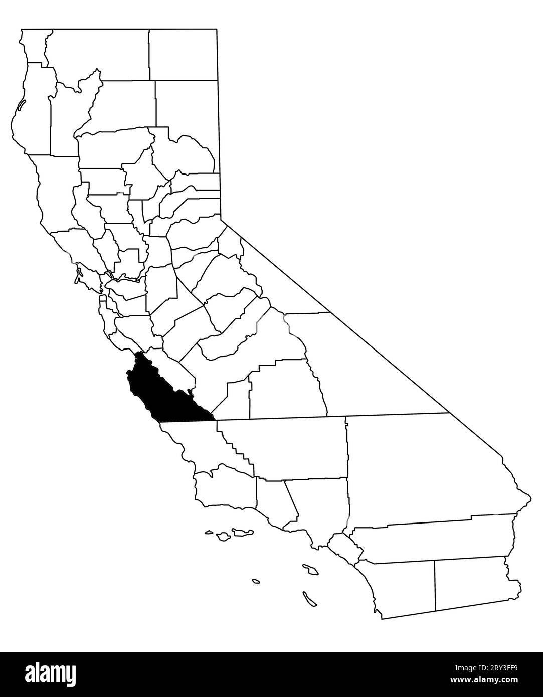 Map of Monterey County in California state on white background. single County map highlighted by black colour on California map. UNITED STATES, US Stock Photo