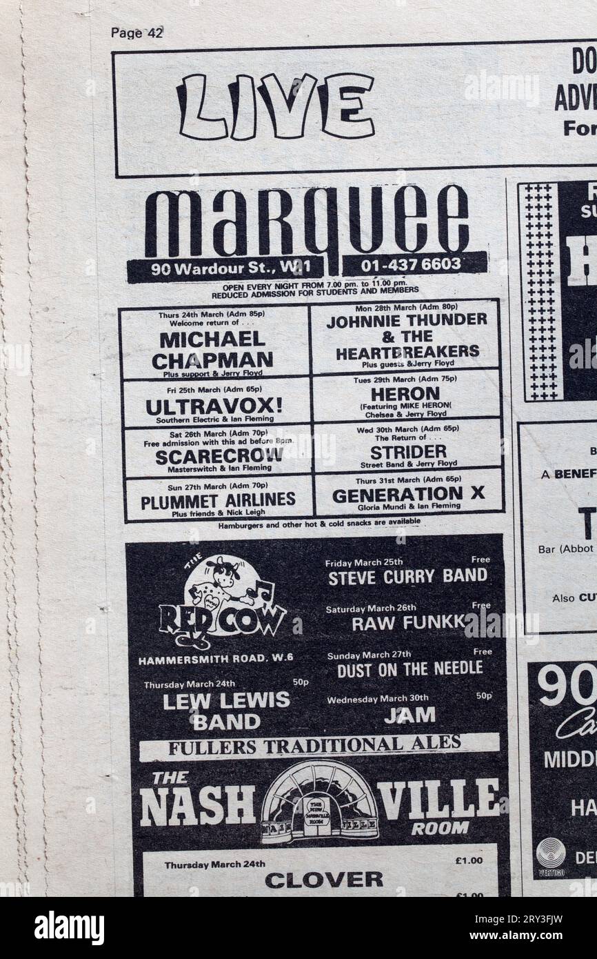 Concert Advertising in 1970s issue of NME New Musical Express Music Paper Stock Photo