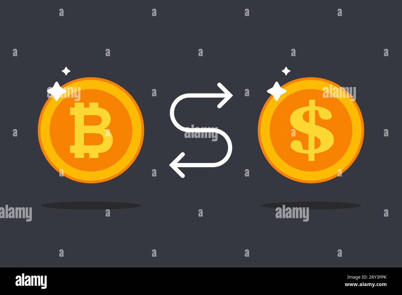 exchange bitcoin for dollar. Golden coins. flat vector illustration