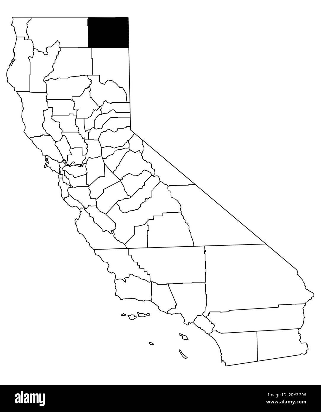 Map of modoc County in California state on white background. single County map highlighted by black colour on California map. UNITED STATES, US Stock Photo