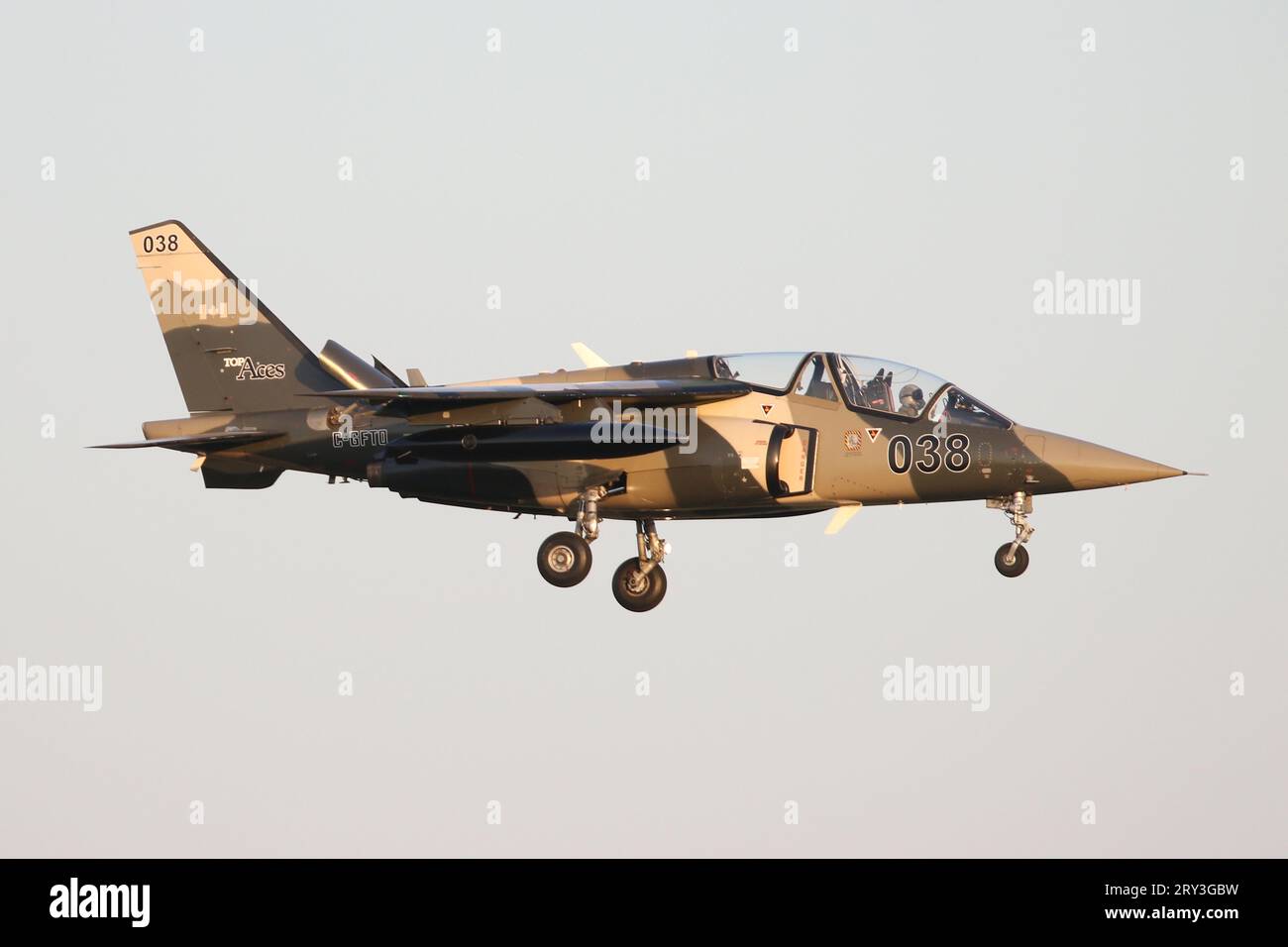 Civilian Alpha Jet from Canadian company, Top Aces landing at RAF Lakenheath after completing a training sortie with USAF F-15s. Stock Photo