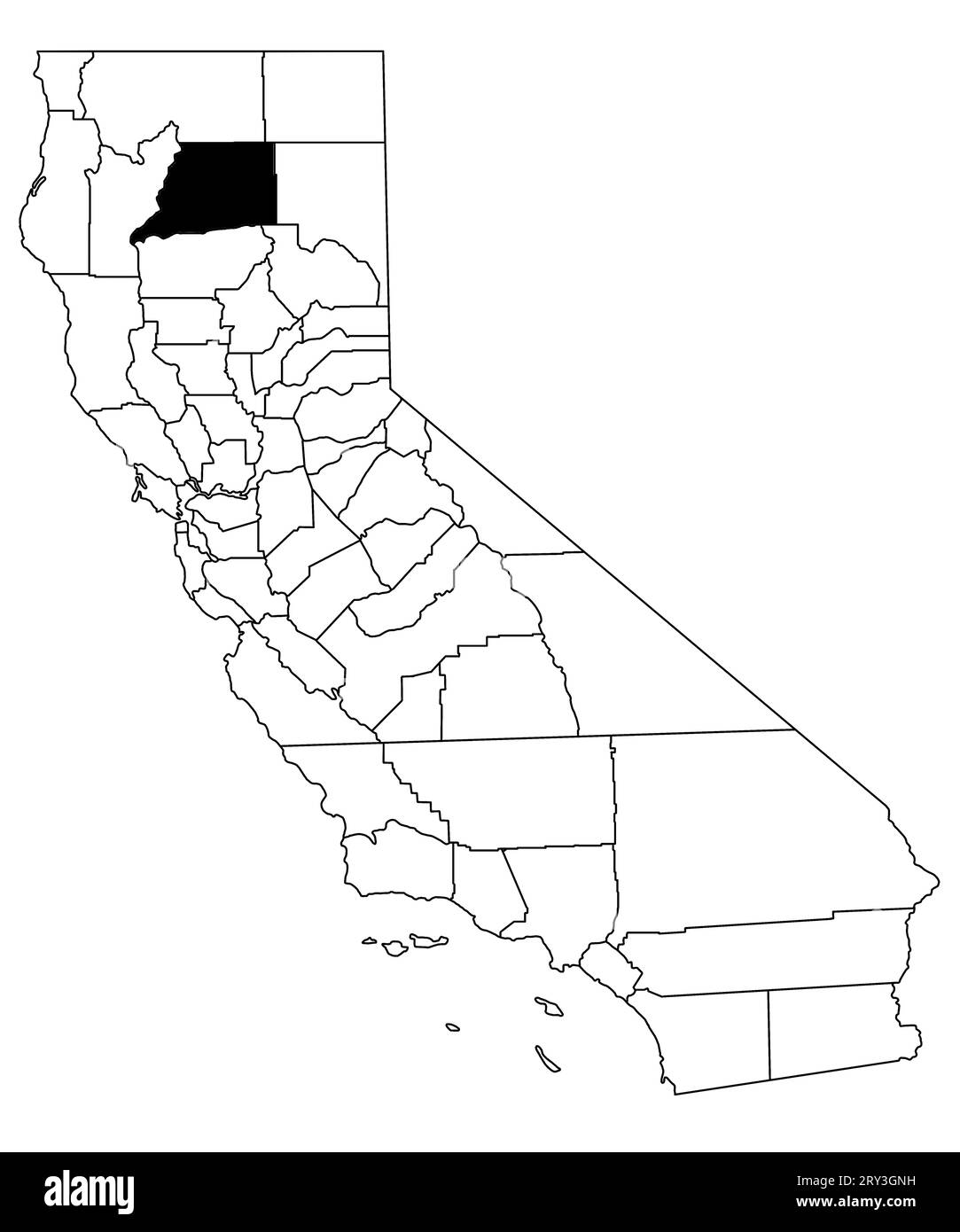 Map of Shasta County in California state on white background. single County map highlighted by black colour on California map. UNITED STATES, US Stock Photo