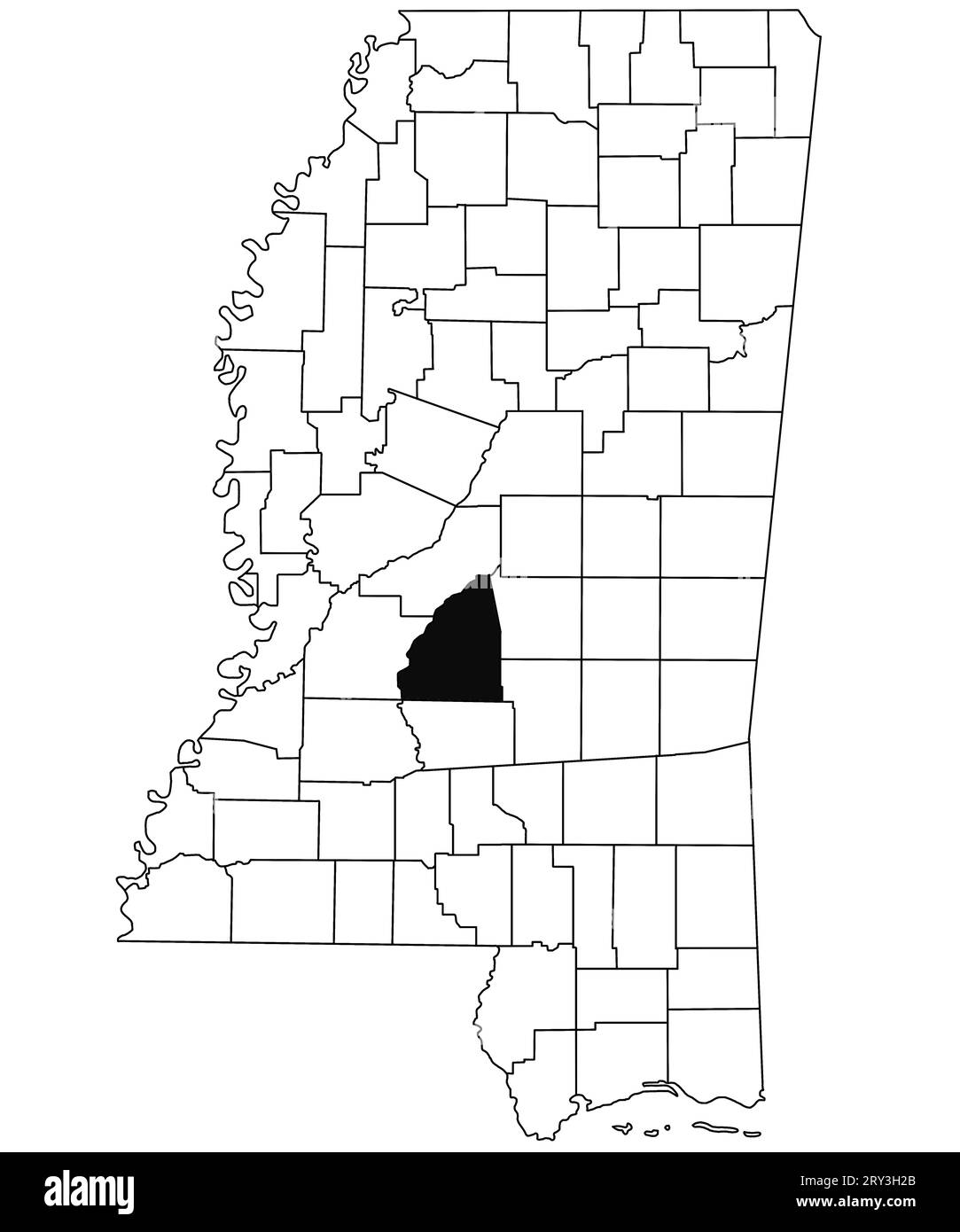 Map of Rankin County in Mississippi state on white background. single County map highlighted by black colour on Mississippi map. United States of Amer Stock Photo