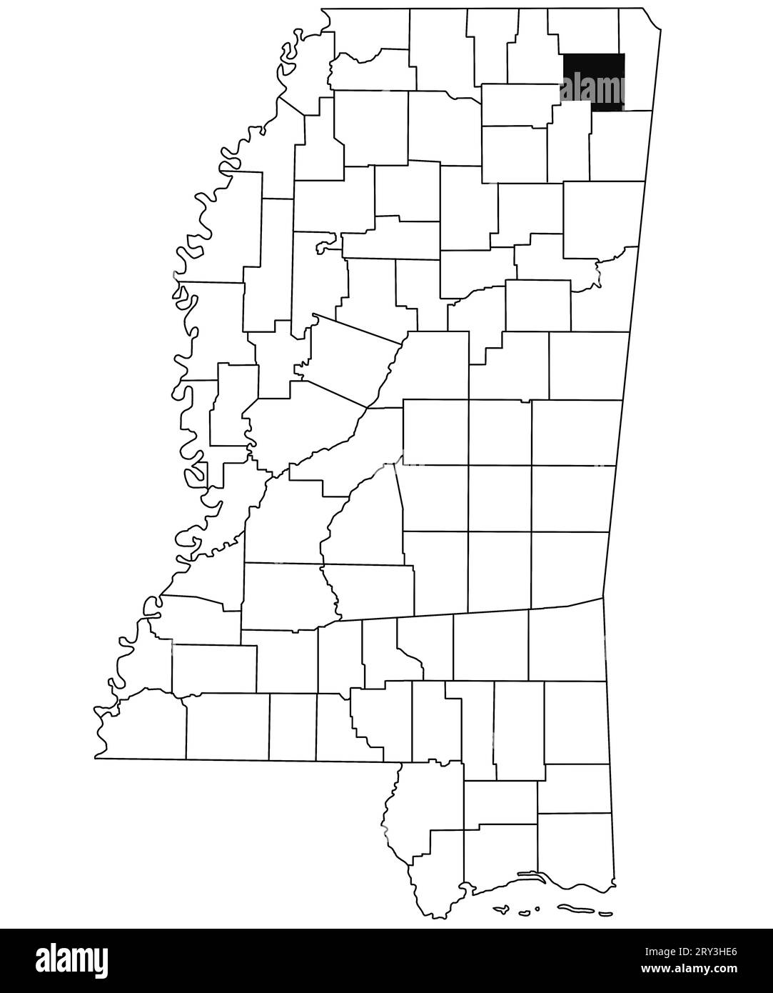 Map of Prentiss County in Mississippi state on white background. single County map highlighted by black colour on Mississippi map. United States of Am Stock Photo