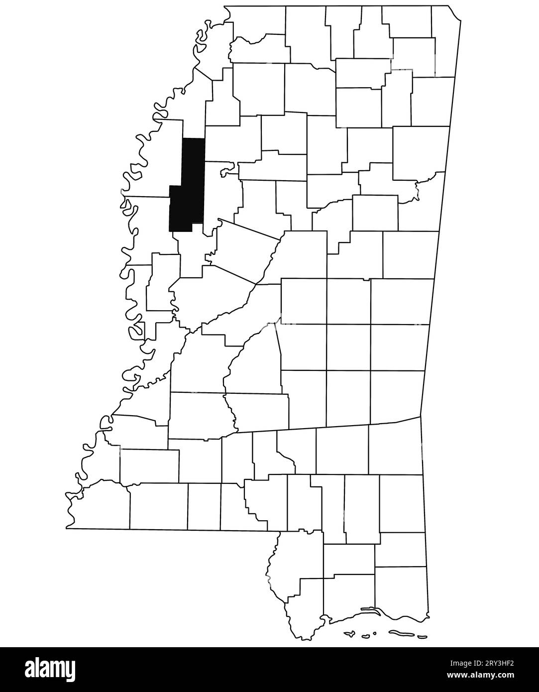 Map of sunflower County in Mississippi state on white background. single County map highlighted by black colour on Mississippi map. United States of A Stock Photo