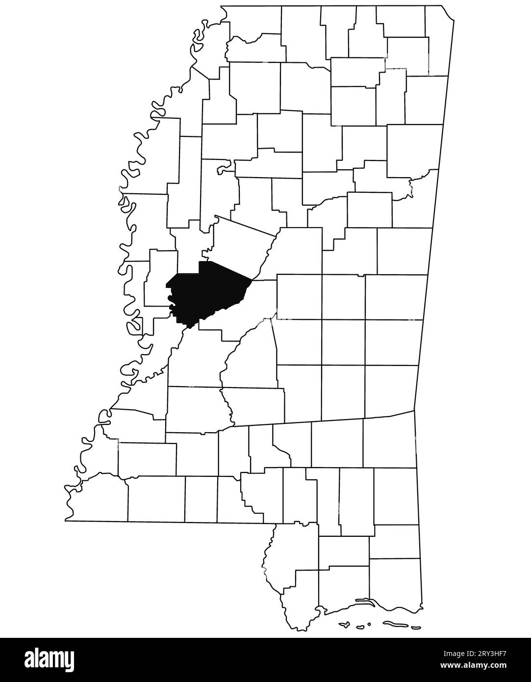 Map of Yazoo County in Mississippi state on white background. single County map highlighted by black colour on Mississippi map. United States of Ameri Stock Photo