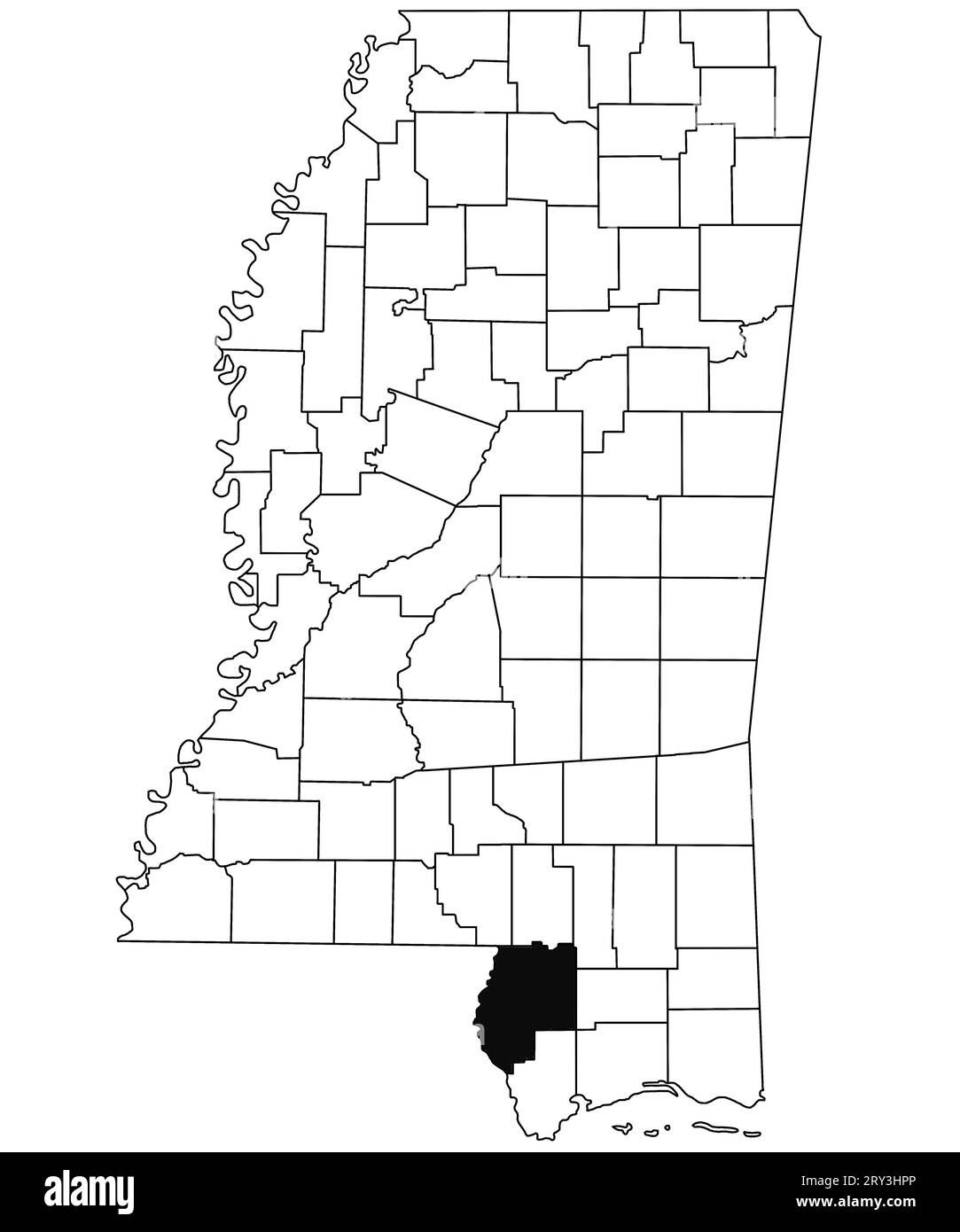 Map of pearl river County in Mississippi state on white background. single County map highlighted by black colour on Mississippi map. United States of Stock Photo