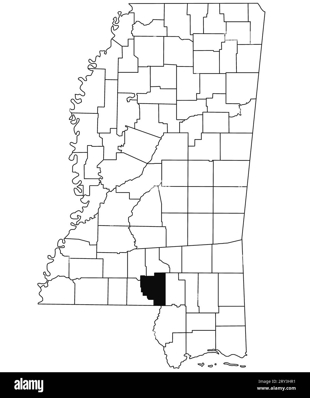 Map of Marion County in Mississippi state on white background. single County map highlighted by black colour on Mississippi map. United States of Amer Stock Photo