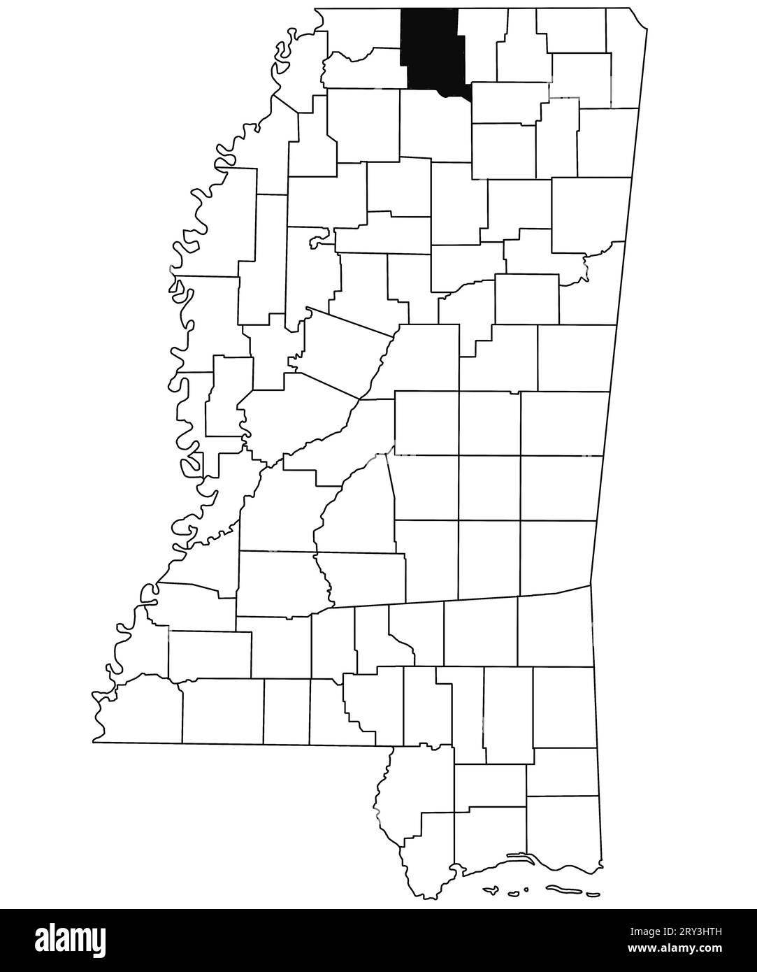 Map of Marshall County in Mississippi state on white background. single