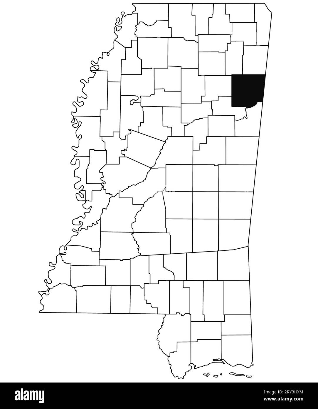Map of Monroe County in Mississippi state on white background. single