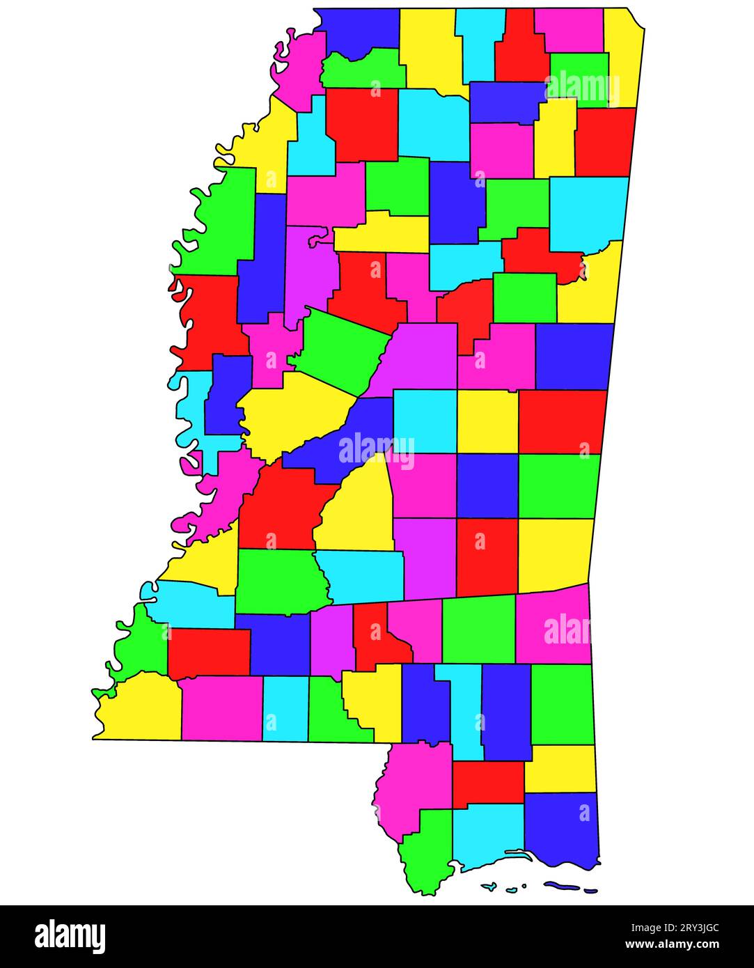 colorful Map of Mississippi state with borders of the counties and