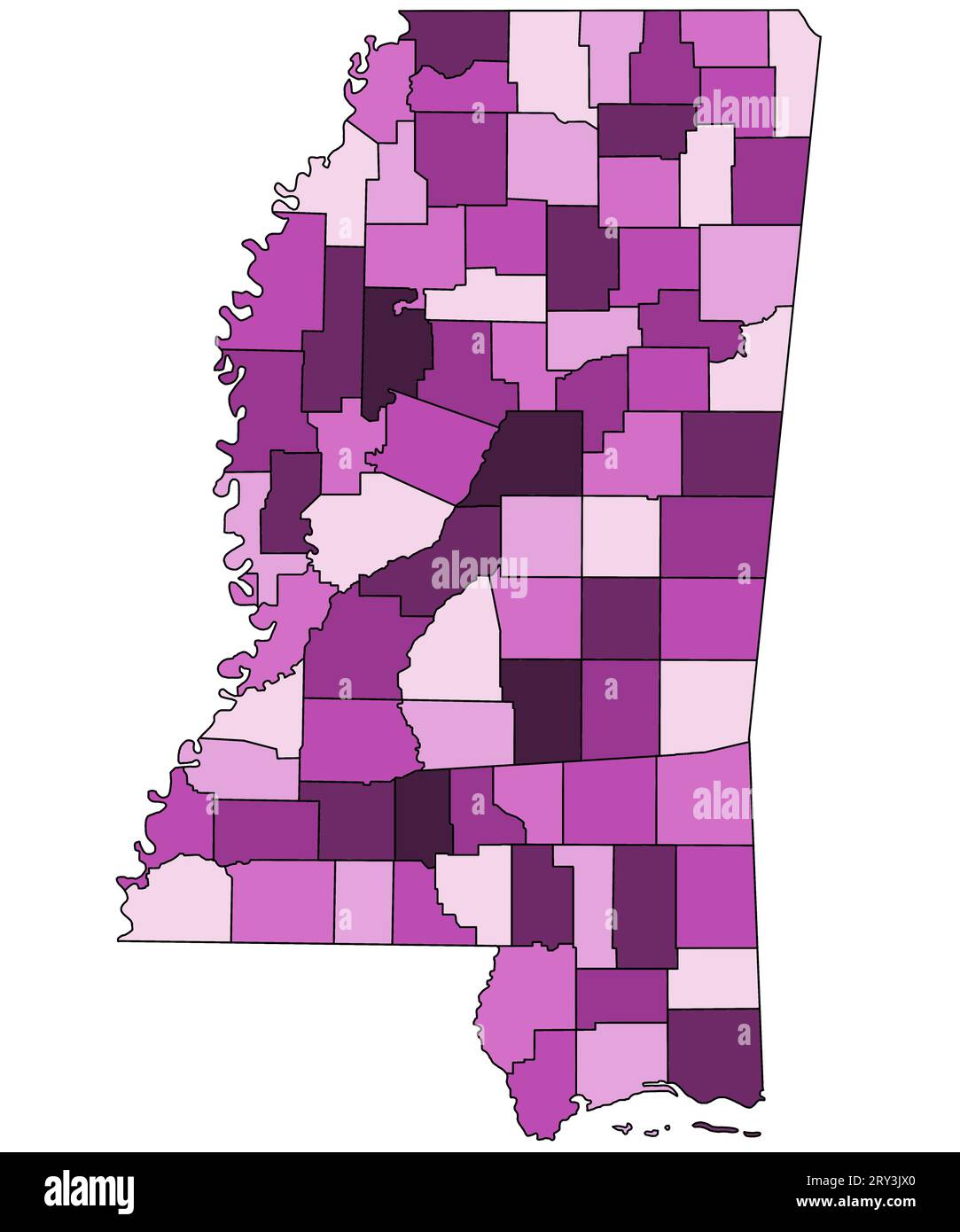 pink Map of Mississippi state with borders of the counties and different colour.  United State of America, US, United State. Stock Photo