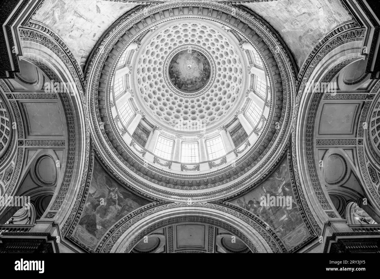 Ornamental and painted ceiling of Pantheon in Paris, France. Black and white photography. Stock Photo