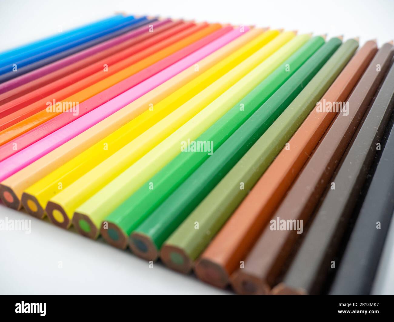 Diagonal Arrangement Of Pencil Crayons In Rainbow Colors Stock