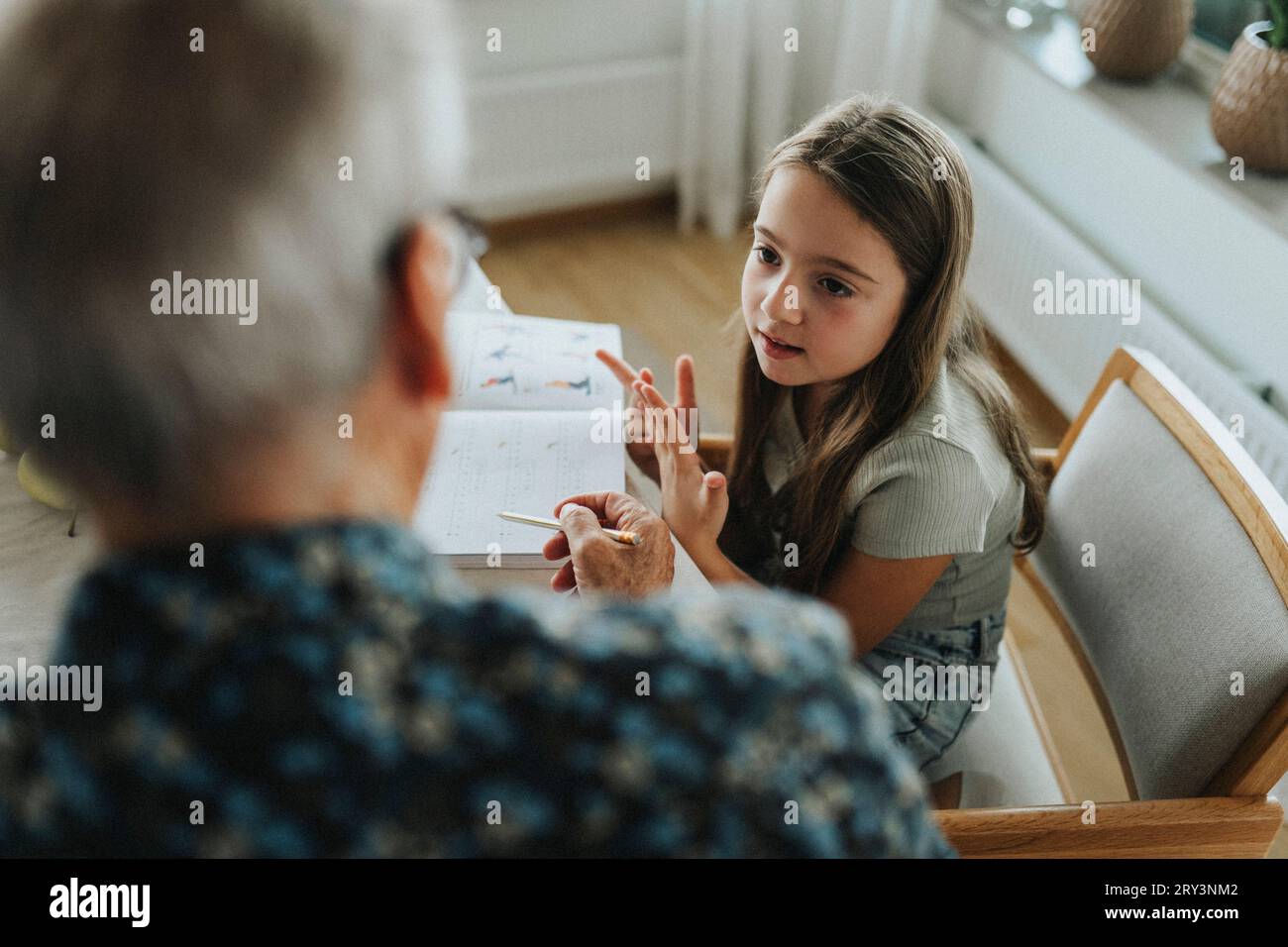Girl doing homework with grandfather at home Stock Photo