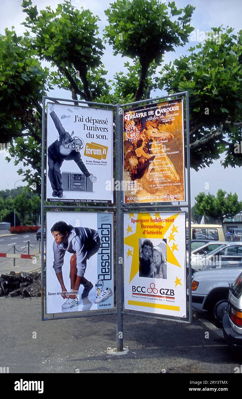Advertising poster kiosk on street in Geneva, Switzerland, circa 1980s