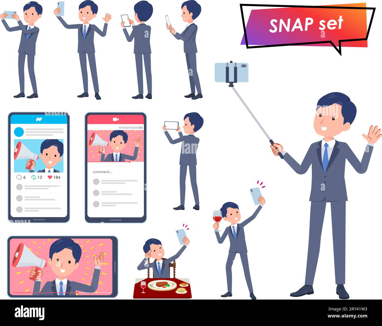 A set of consultant job man shooting with a smartphone.It's vector art so easy to edit. Stock Vector