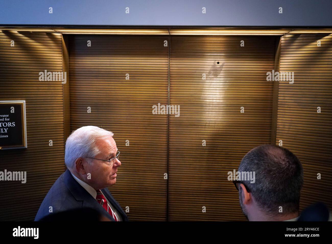 Washington, United States. 28th Sep, 2023. Sen. Bob Menendez, D-NJ, leaves his office in the Hart Senate Office Building at the U.S. Capitol in Washington, DC on Thursday, September 28, 2023. Earlier today, Menendez addressed Senate Democrats in a caucus meeting one day after being arraigned on federal bribery charges in New York City. Photo by Bonnie Cash/UPI Credit: UPI/Alamy Live News Stock Photo