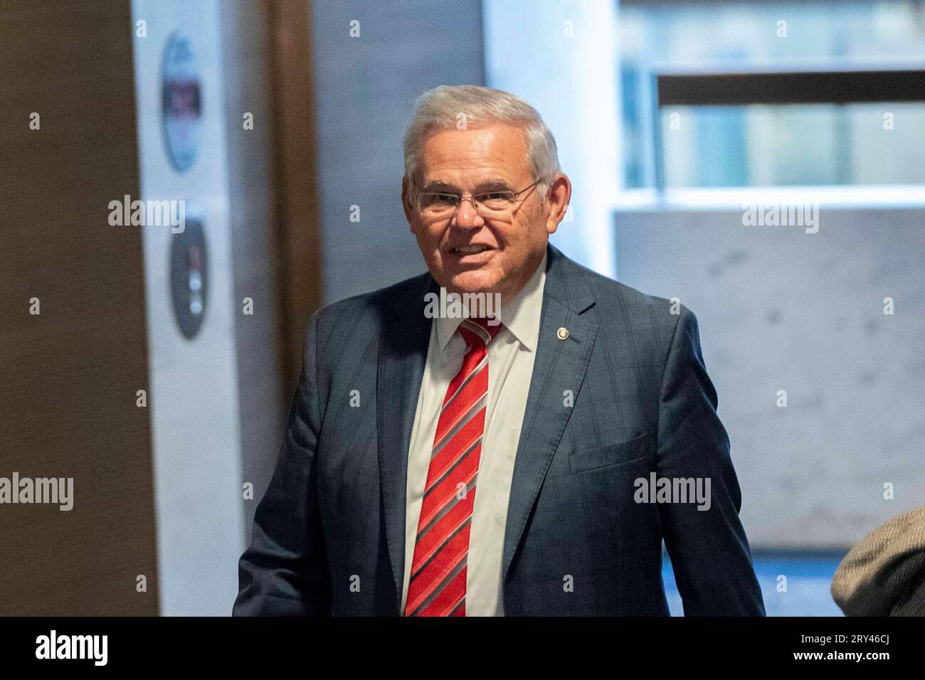 Washington, United States. 28th Sep, 2023. Sen. Bob Menendez, D-NJ, returns to his office in the Hart Senate Office Building at the U.S. Capitol in Washington, DC on Thursday, September 28, 2023. Earlier today, Menendez addressed Senate Democrats in a caucus meeting one day after being arraigned on federal bribery charges in New York City. Photo by Bonnie Cash/UPI Credit: UPI/Alamy Live News Stock Photo