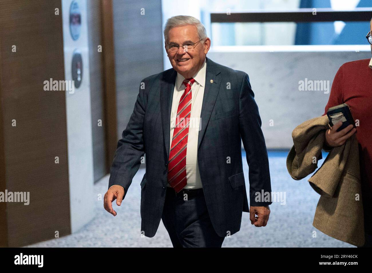 Washington, United States. 28th Sep, 2023. Sen. Bob Menendez, D-NJ, returns to his office in the Hart Senate Office Building at the U.S. Capitol in Washington, DC on Thursday, September 28, 2023. Earlier today, Menendez addressed Senate Democrats in a caucus meeting one day after being arraigned on federal bribery charges in New York City. Photo by Bonnie Cash/UPI Credit: UPI/Alamy Live News Stock Photo