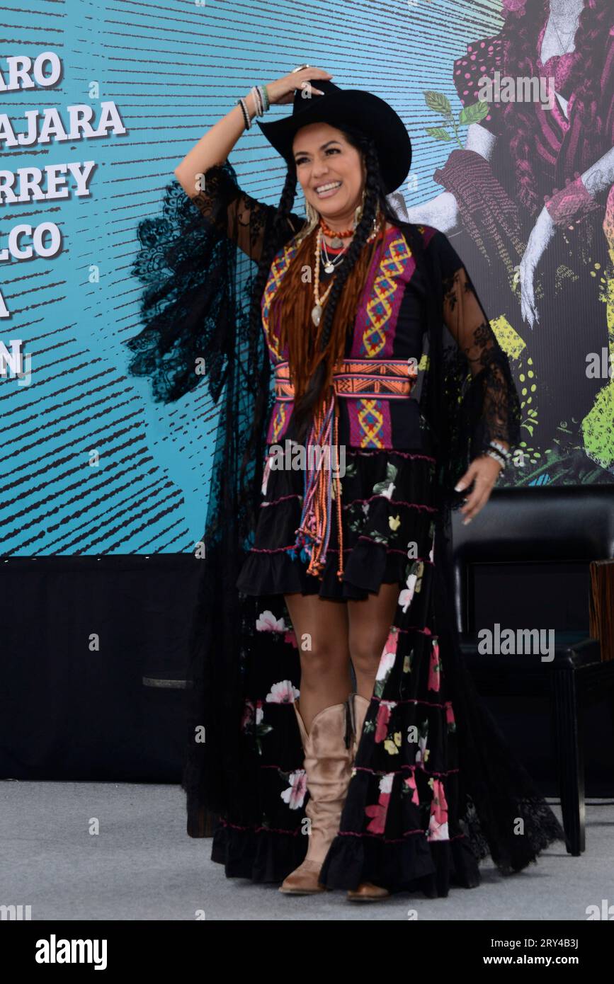 Mexico City, Mexico. 28th Sep, 2023. The singer originally from Oaxaca, Lila Downs, attends a press conference to promote her new album 'La Sanchez' and announce her concert at the National Auditorium. on September 28, 2023 in Mexico City, Mexico. (Photo by Carlos Tischler/ Eyepix Group/NurPhoto) Credit: NurPhoto SRL/Alamy Live News Stock Photo