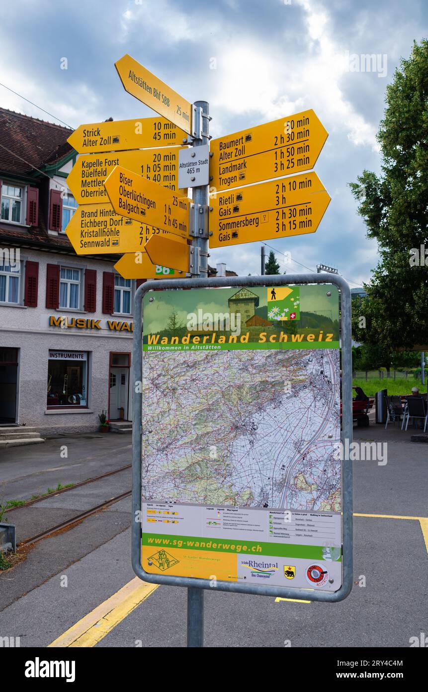 Altstatten, Switzerland July 4, 2023 A map of Wanderland Schweiz with hiking trails Stock