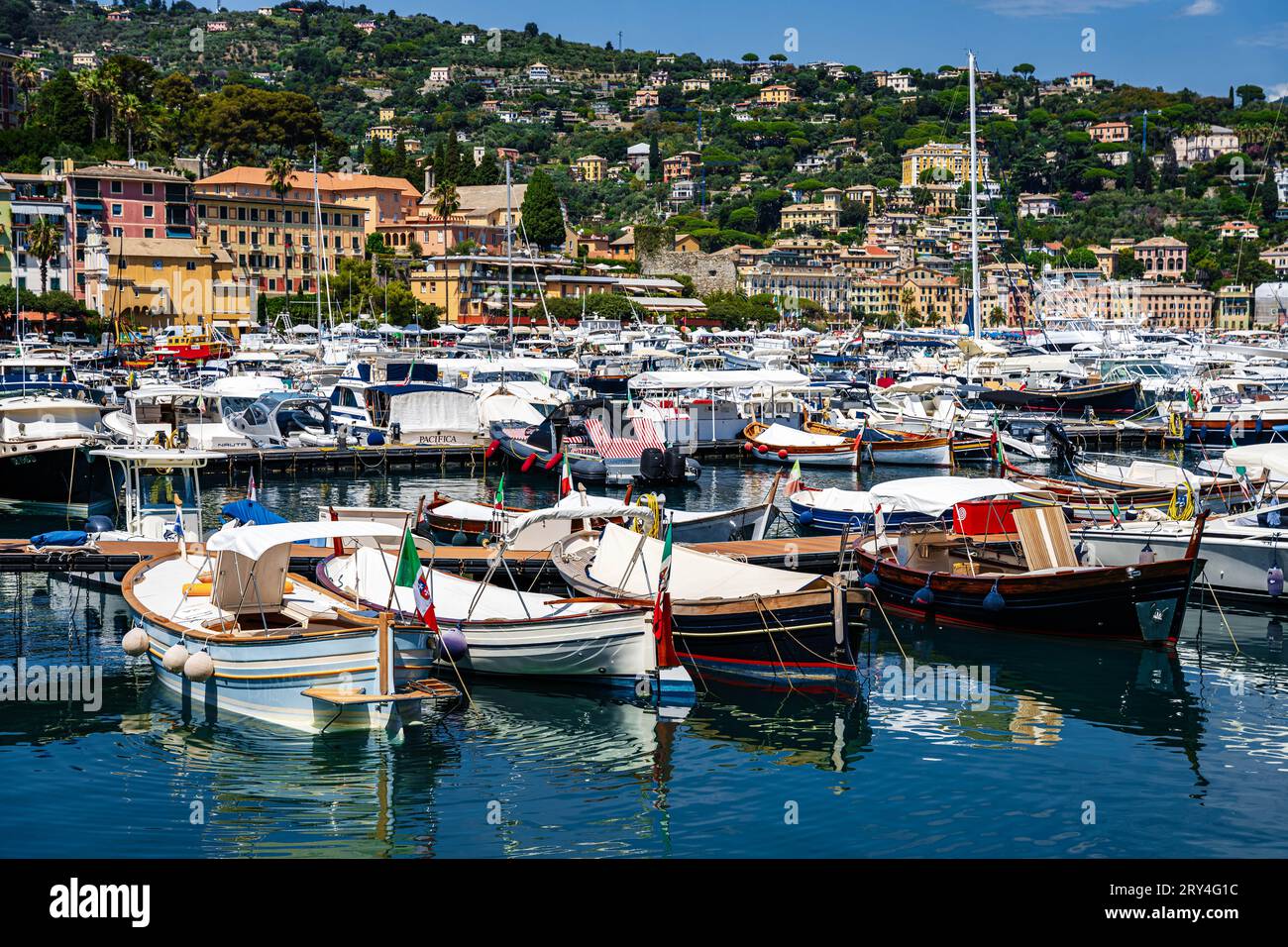 vintage beautiful fishing boats in Santa Margherita, the Italian Riveria Stock Photo