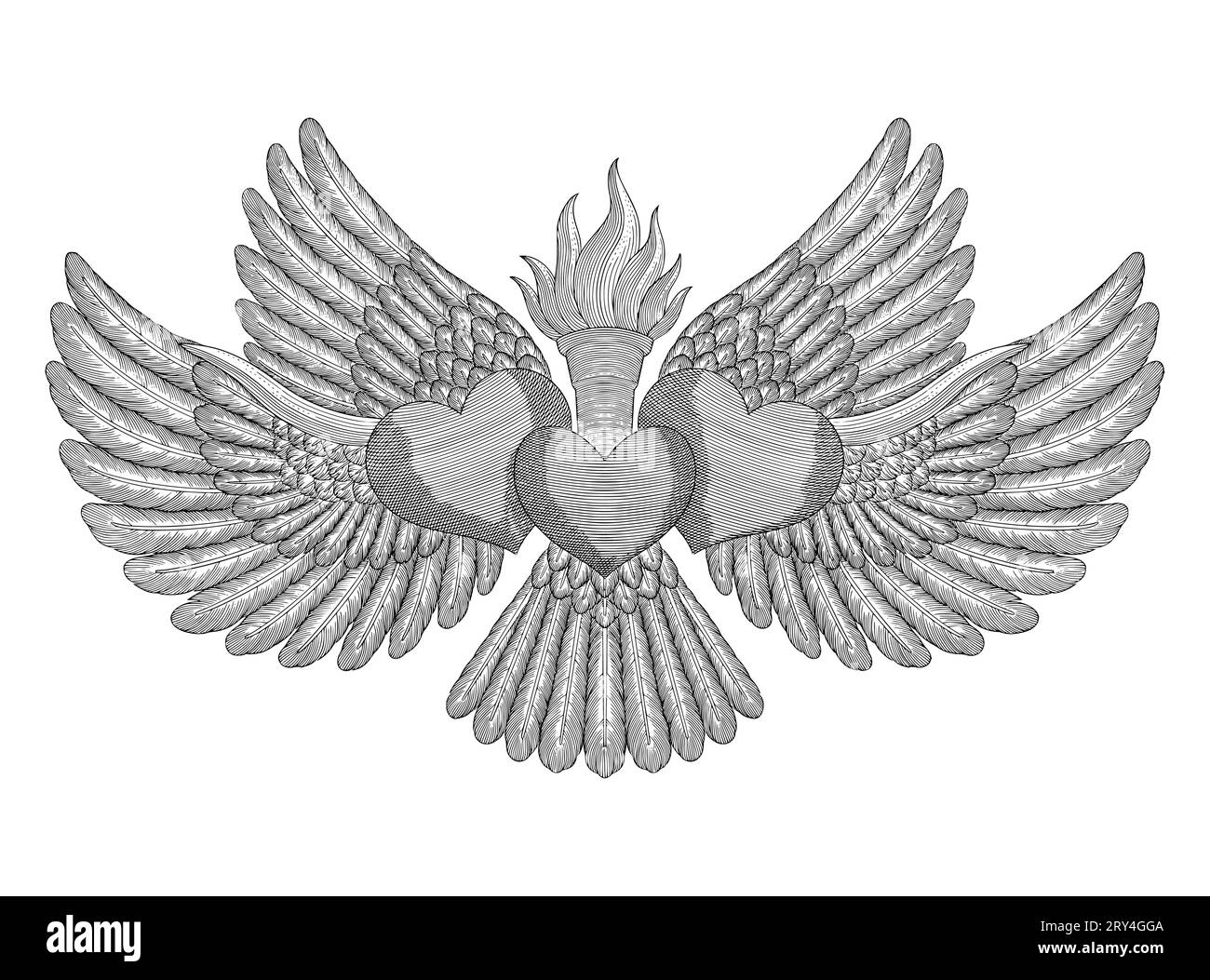 Three heart with wings and torch concept for family love and caring