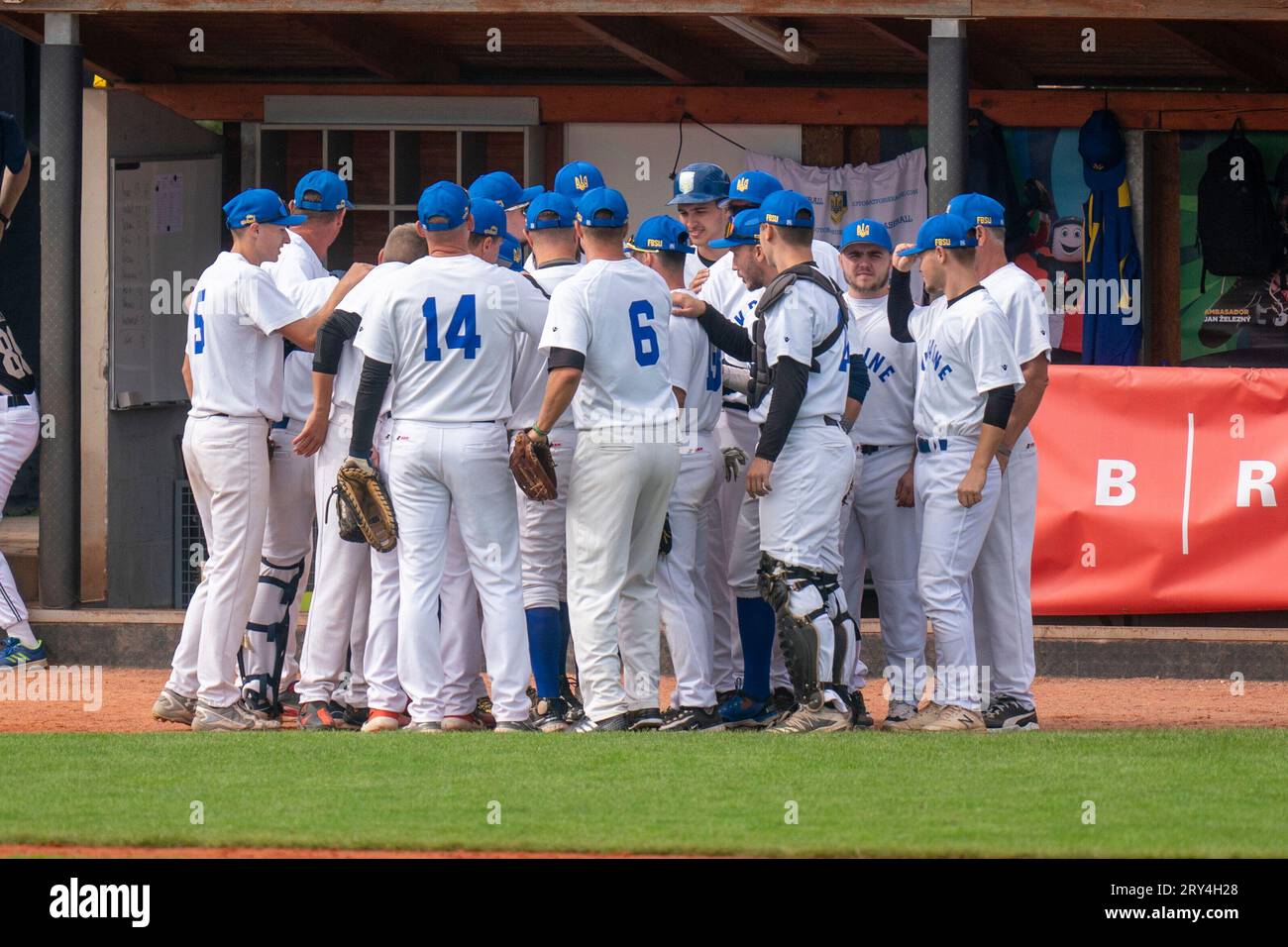 BRNO, CZECH - SEPTEMBER 25 : team of Ukraine during the match between The Kingdom of The Netherlands and Ukraine during group C of the Baseball European Championsship at YD Baseball Arena on September 25, 2023 in Brno Czech Stock Photo
