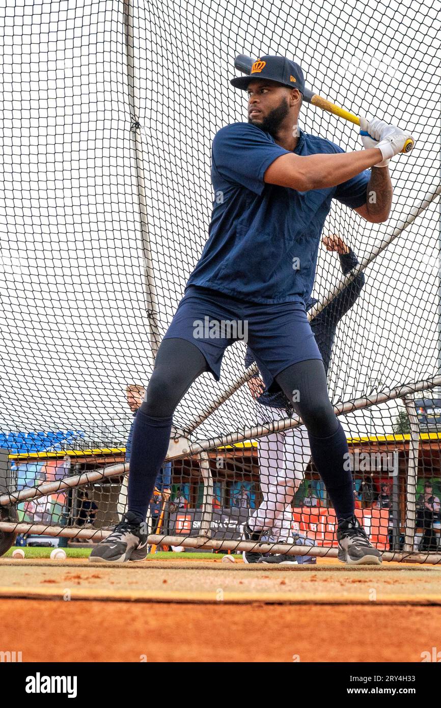 BRNO, CZECH - SEPTEMBER 23 : Shervyen Newton of Kingdom of The Netherlands during the last training of the Dutch team before the start of the Baseball European Championsship at YD Baseball Arena on September 23, 2023 in Brno Czech Stock Photo