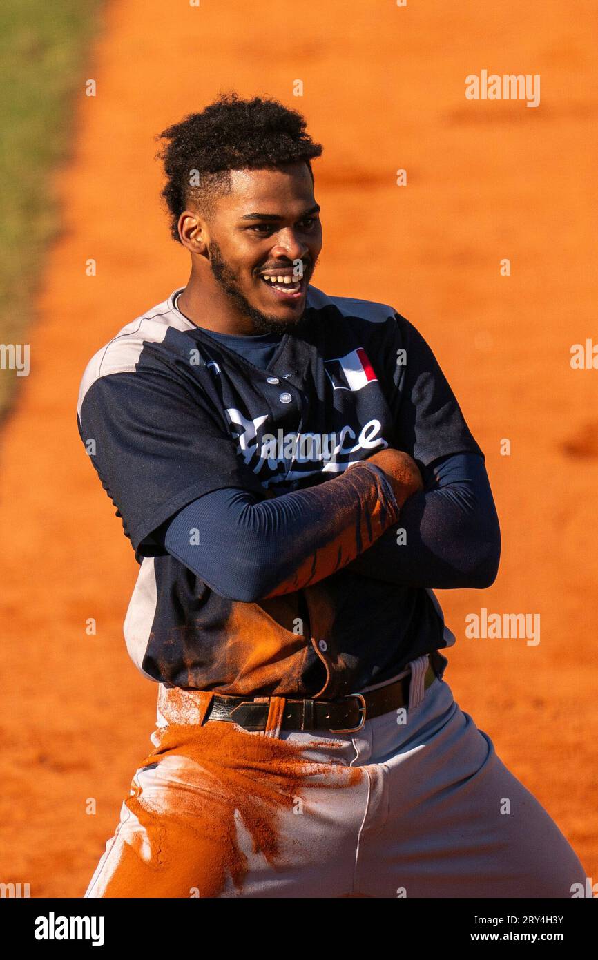 BLANSKO, CZECH - SEPTEMBER 28 : Ernesto Martinez of France during the quarterfinal between Germany and France of the Baseball European Championsship at Strawberry Field on September 28, 2023 in Blansko Czech Stock Photo