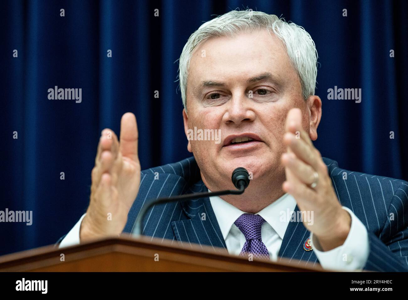 Washington, United States. 28th Sep, 2023. U.S. Representative James Comer (R-KY) speaking at a House Committee Oversight and Accountability Committee hearing titled 'The Basis for an Impeachment Inquiry of President Joseph R. Biden Jr.' at the U.S. Capitol. (Photo by Michael Brochstein/Sipa USA) Credit: Sipa USA/Alamy Live News Stock Photo
