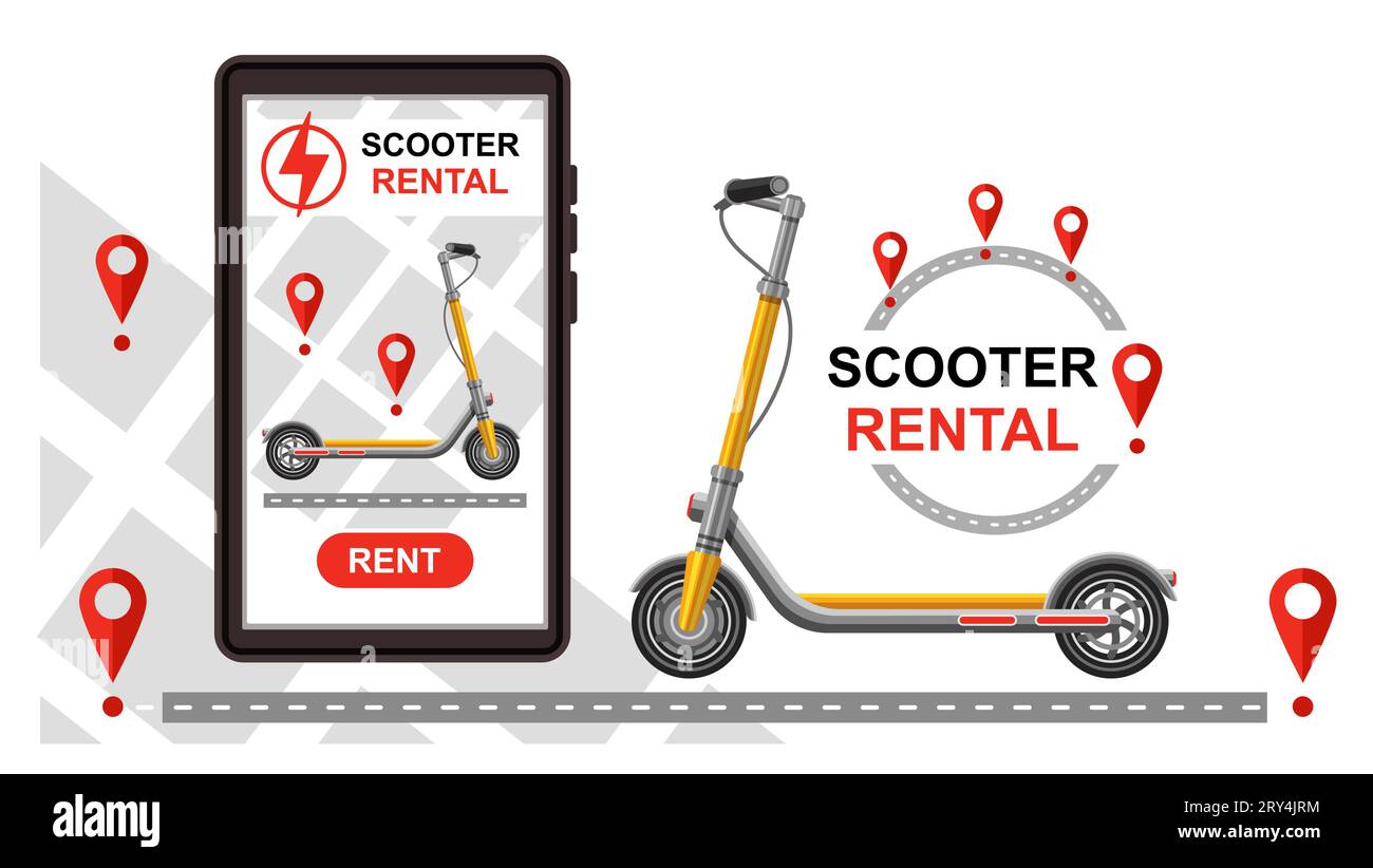 Electric kick scooter rental, online rent push e-scooter motorbike mobile phone app. Electro motor bike sharing service, GPS route tracking. Vector Stock Vector