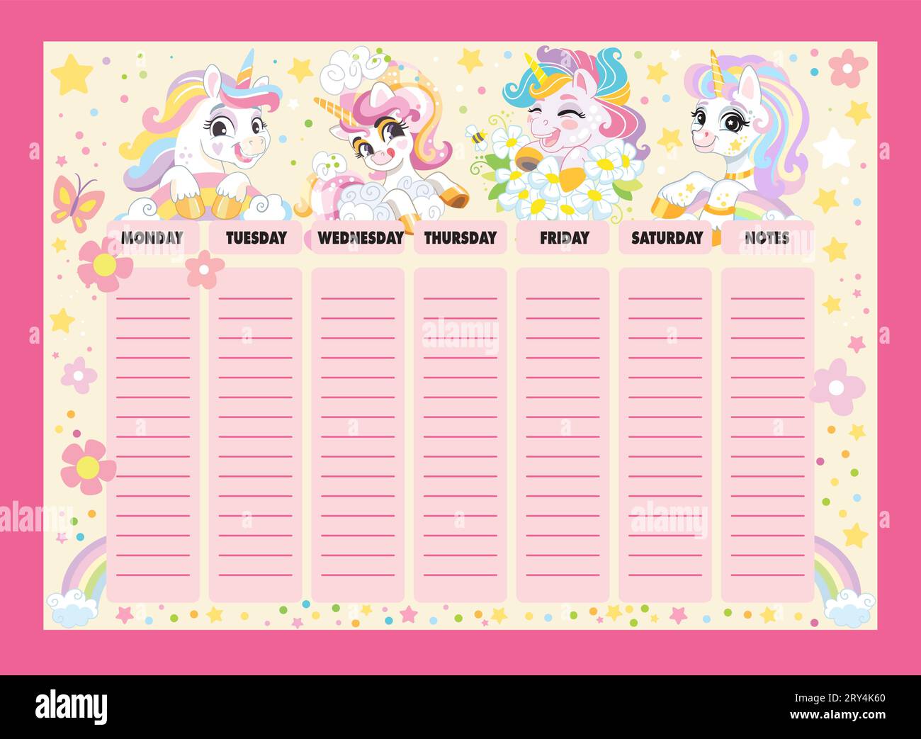 Cute Weekly Calendar With Time - Printable Weekly Calendar Planner With Cute Rainbow Unicorns Vector Illustration Planner Design Concept For Timetable Schedule Diary Daily Planner 2RY4K60 