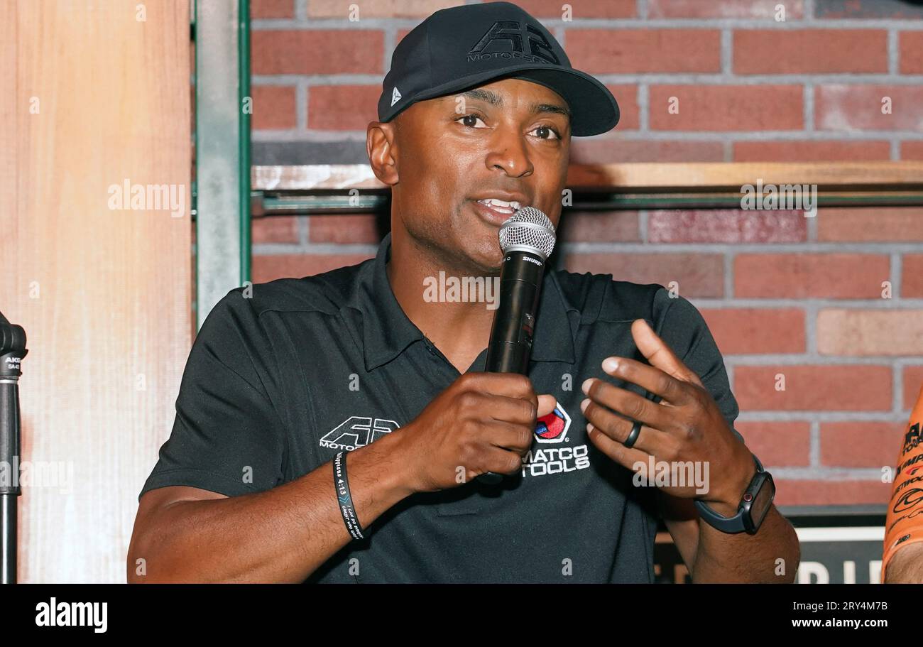 St. Louis, United States. 28th Sep, 2023. NHRA Top Fuel driver Antron Brown speaks during a press conference in St. Louis on September 28, 2023. Brown is in St. Louis for the upcoming Midwest Nationals that will be held at the World Wide Technology Raceway on Sept. 29 - Oct. 1, 2023. Photo by Bill Greenblatt/UPI Credit: UPI/Alamy Live News Stock Photo
