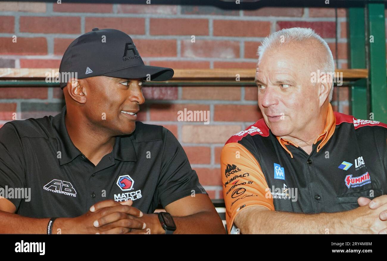 St. Louis, United States. 28th Sep, 2023. NHRA Top Fuel driver Antron Brown (L) and funny car driver Tim Wilkerson, talk during a press conference in St. Louis on September 28, 2023. The two are in St. Louis for the upcoming Midwest Nationals that will be held at the World Wide Technology Raceway on Sept. 29 ''' Oct. 1, 2023. Photo by Bill Greenblatt/UPI Credit: UPI/Alamy Live News Stock Photo