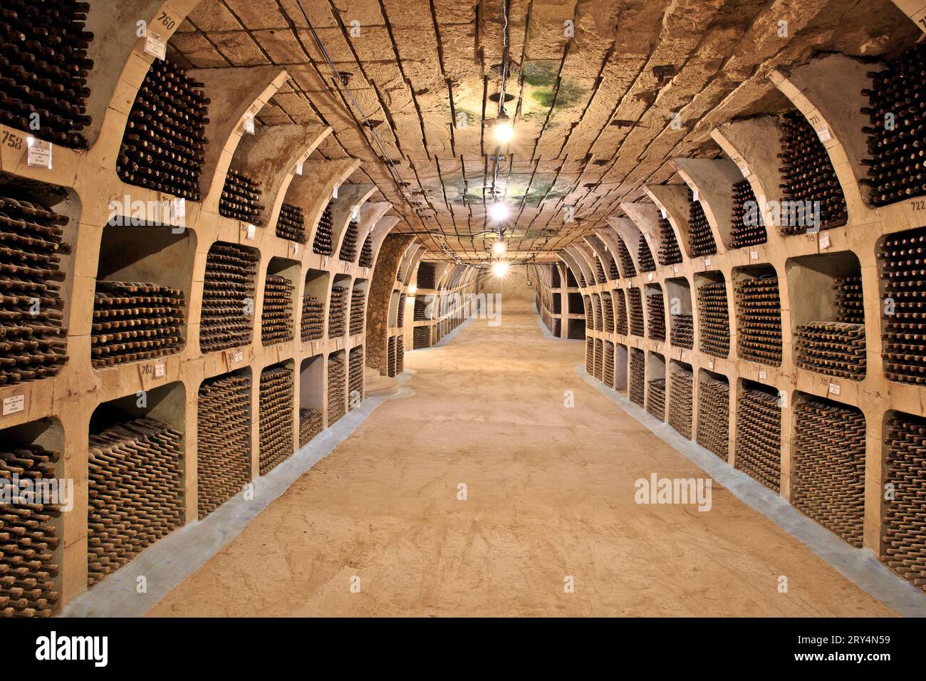 Stored wine bottles at the ancient underground limestone galleries of