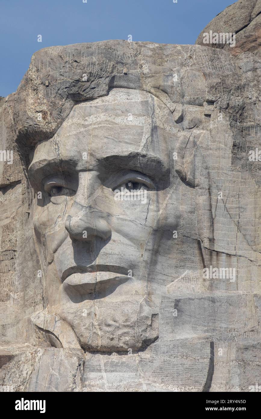 Mount Rushmore National Memorial is a colossal sculpture carved into the granite face of Mount Rushmore. George Washington, Thomas Jefferson, Theodore Stock Photo