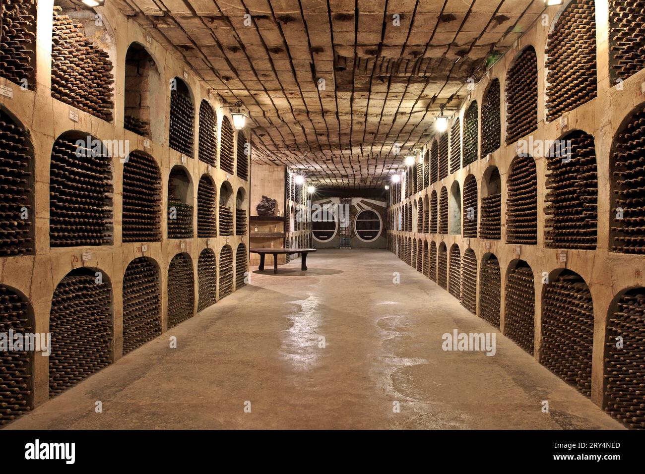 Stored wine bottles at the ancient underground limestone galleries of