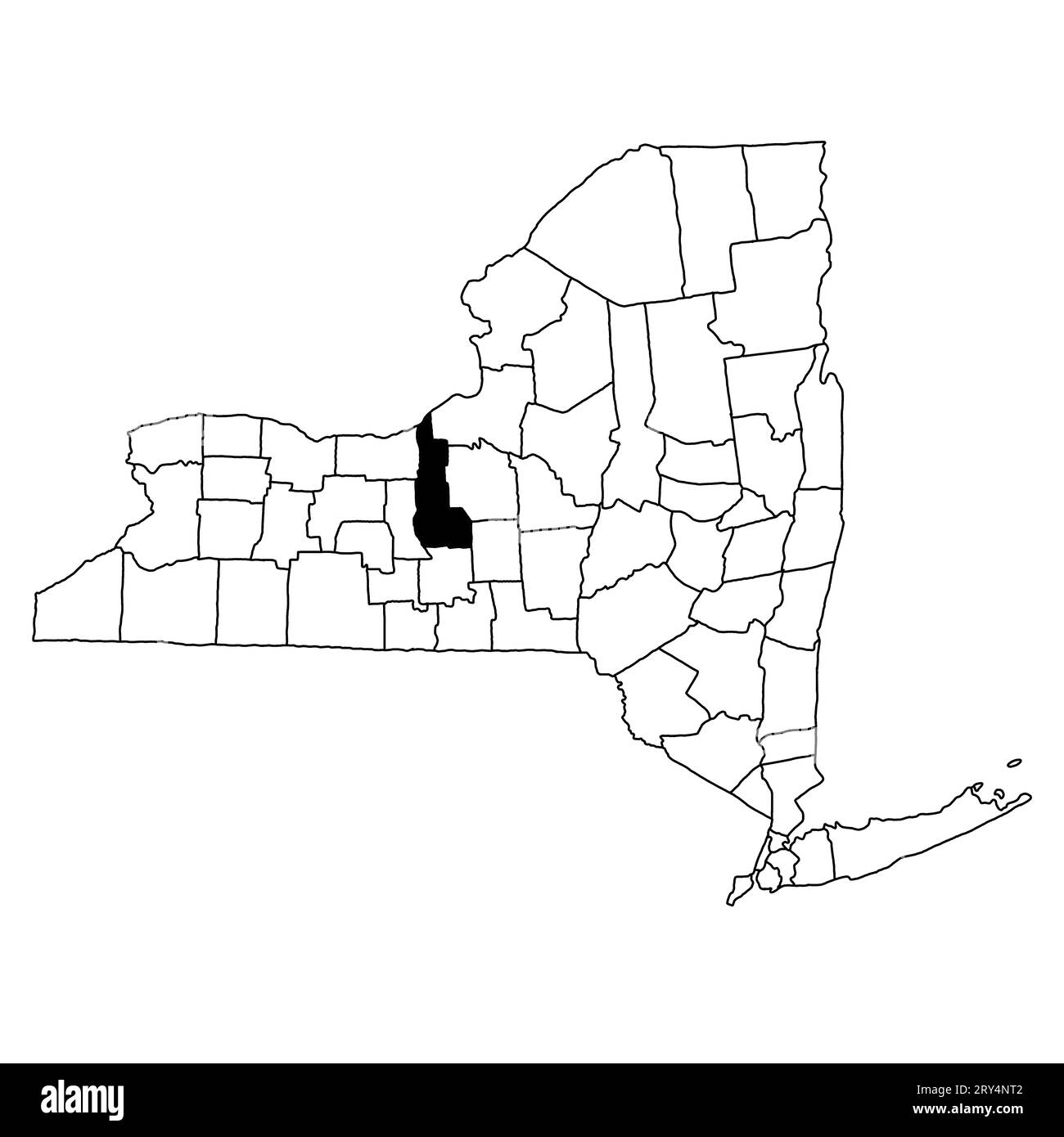 Map of Cayuga County in New York state on white background. single County map highlighted by black colour on New york map . Stock Photo