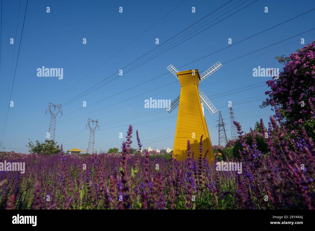 The electric tower and windmill are in the same park, North China Stock Photo