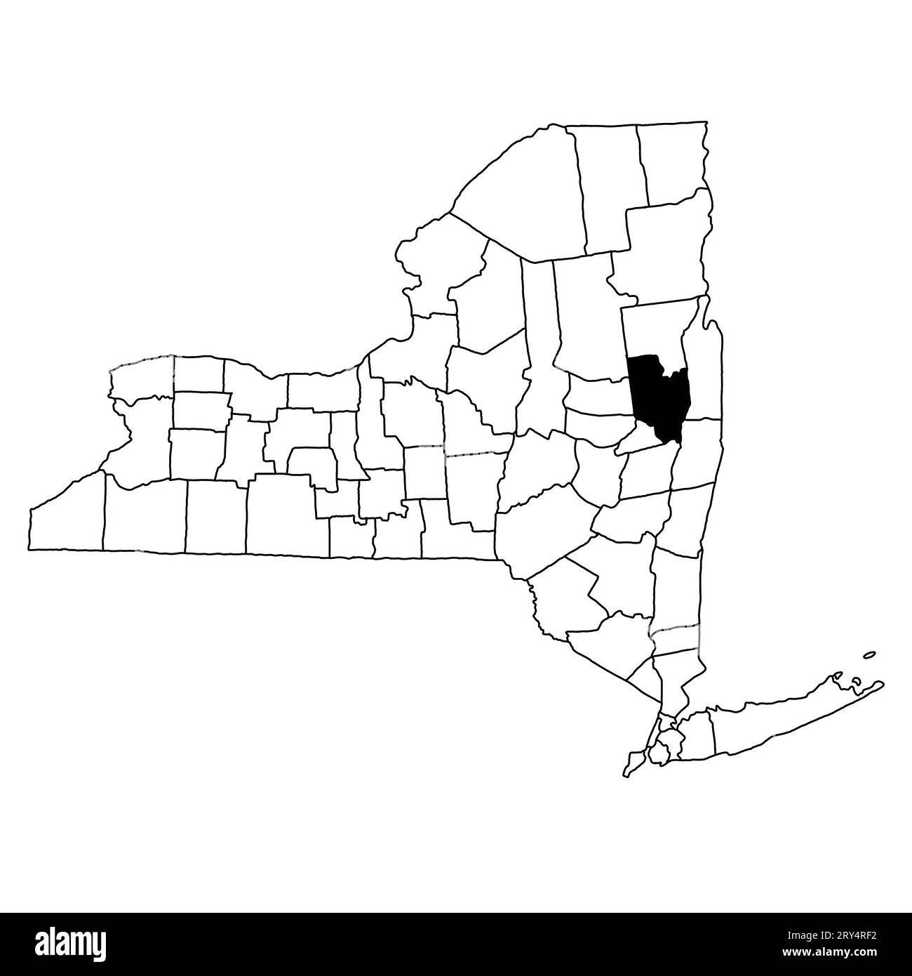 Map of Saratoga County in New York state on white background. single County map highlighted by black colour on New york map . Stock Photo