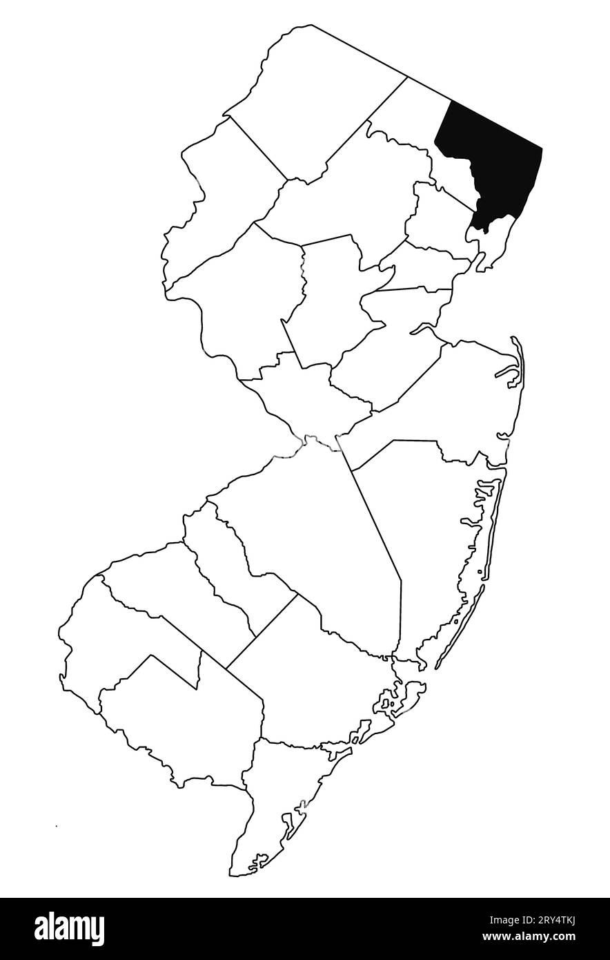 Map of Bergen County in new jersey state on white background. single County map highlighted by black colour on new jersey map . Stock Photo
