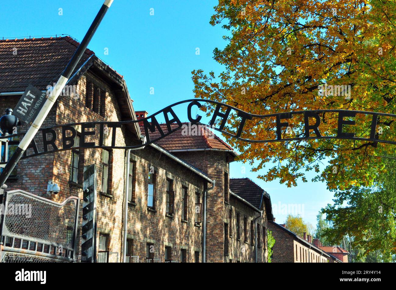 The infamous Arbeit Macht Frei ('Work sets you free') sign Auschwitz concentration camp, where an estimated 1.1million Jews were killed. RIP Stock Photo