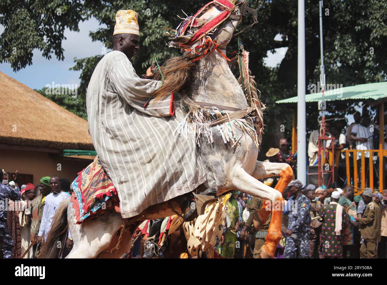 Nikki, Benin. 28th Sep, 2023. A man performs equestrian show during the