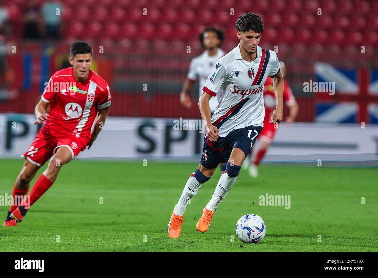 Monza, Italy. 28th Sep, 2023. Oussama El Azzouzi of Bologna FC (R) seen