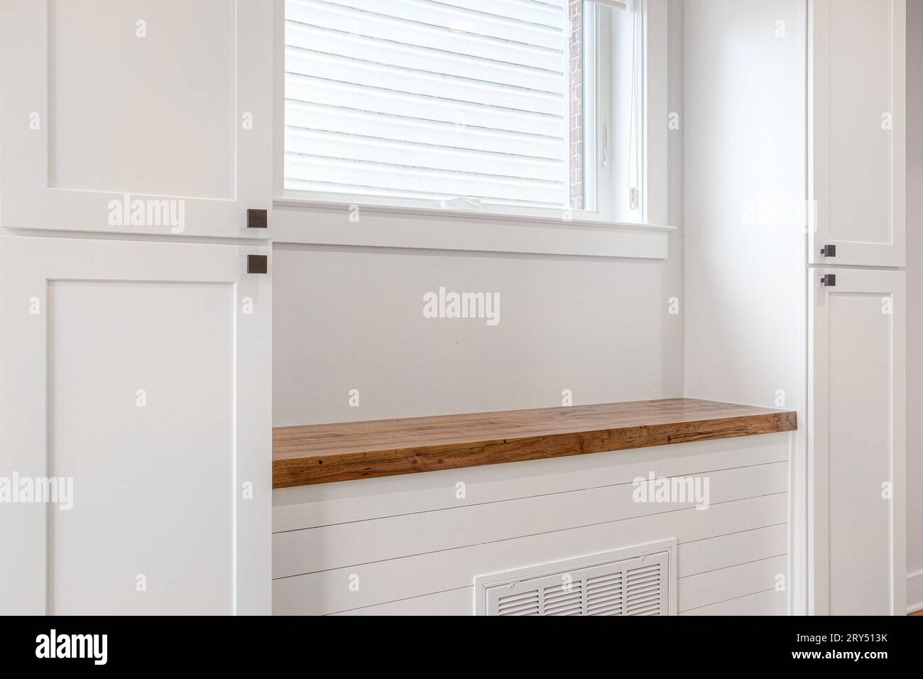 Butcherblock Sustainable Wood Bench Shelf with Shiplap Paneling and