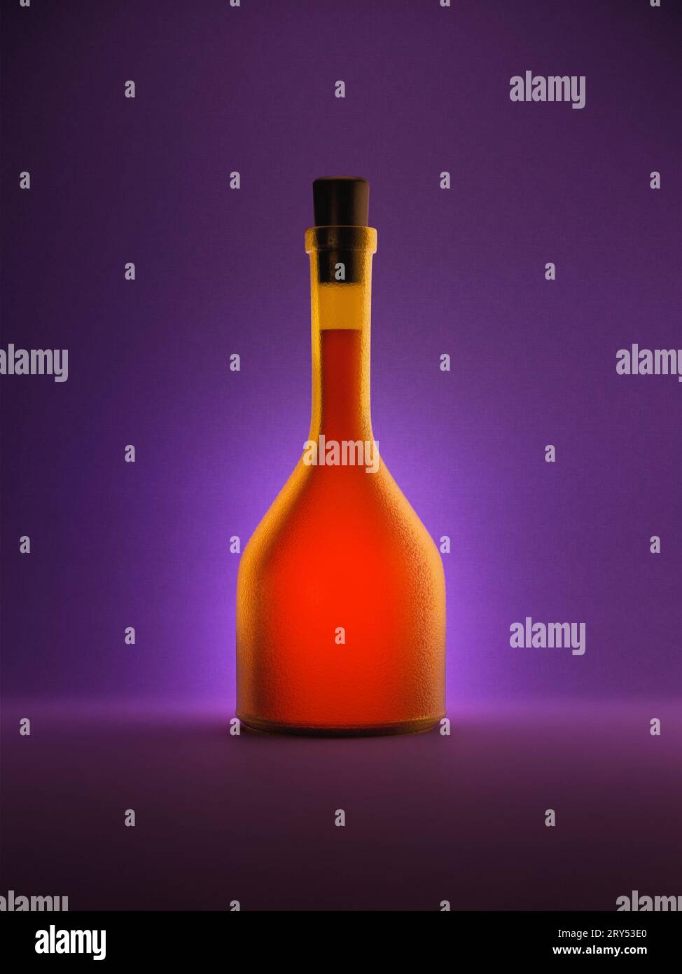 Clear glass and yellow bottle for liquor poison or potion with light