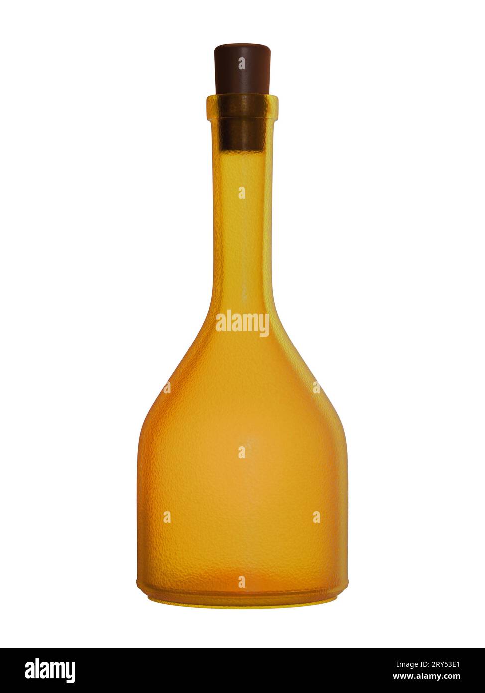 Clear glass and yellow bottle for liquor poison or potion with light and shadows 60s style white BG - Botella de cristal transparente y amarillo para Stock Photo